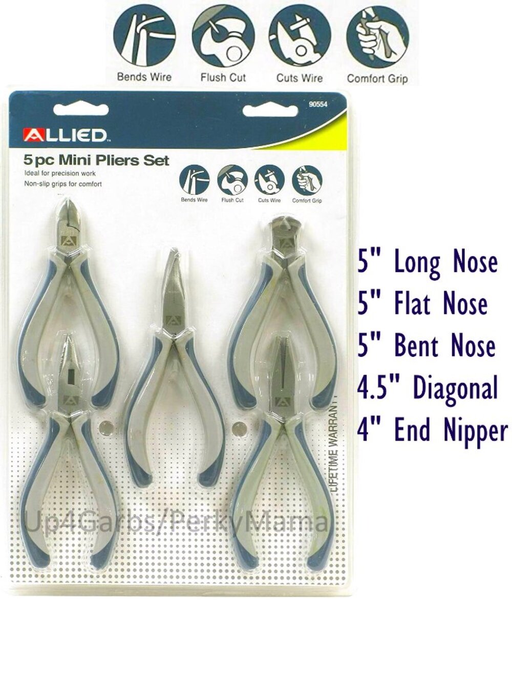 Allied 5 pc Mini Plier Set 90554 Comfort Grip Nipper, Long, Flat, Bent, Diagonal